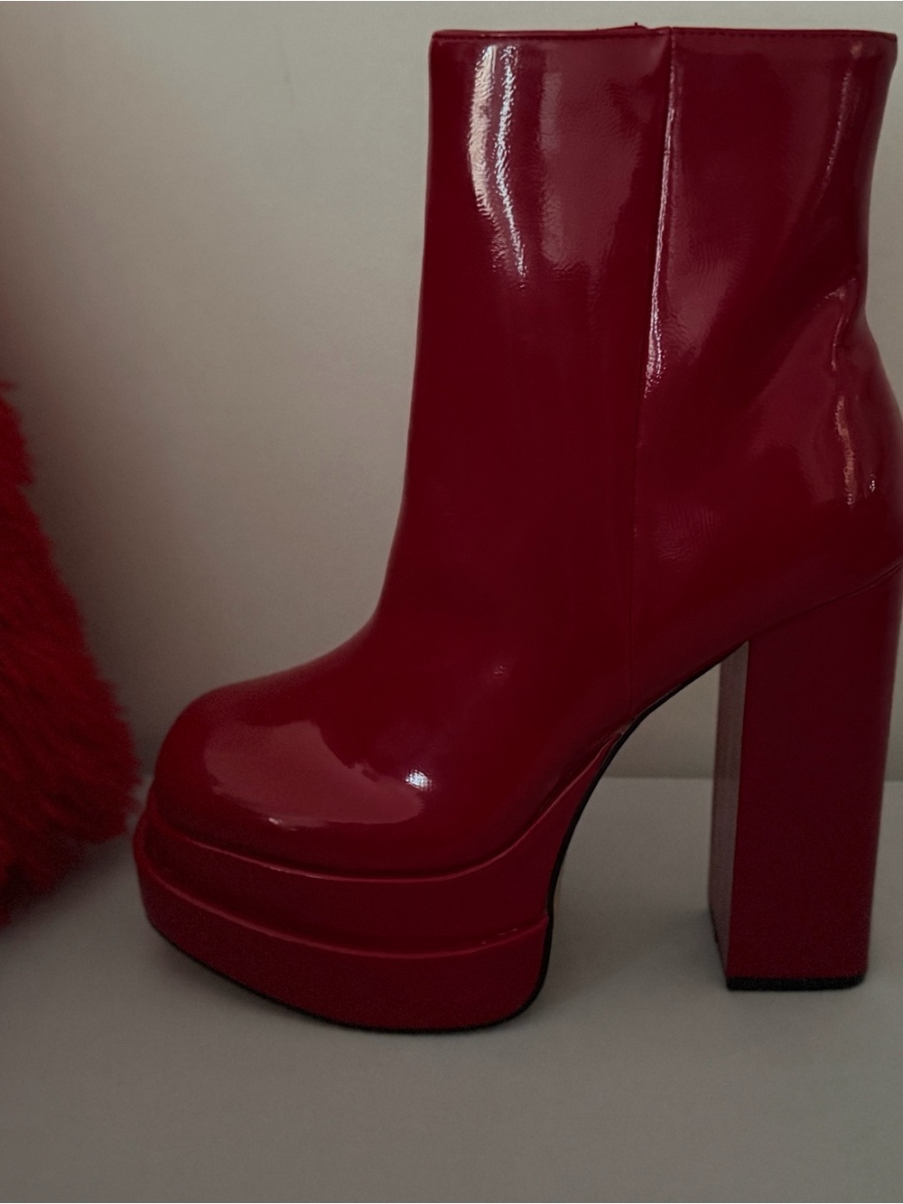 BAMBOO Red Patent Platform Block Heel Boot
